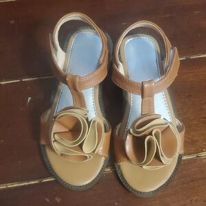 Girls Tan Floral T-Strap Sandals